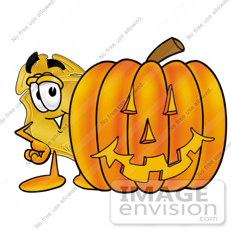 #22487 Clip art Graphic of a Gold Law Enforcement Police Badge Cartoon Character With a Carved Halloween Pumpkin by toons4biz