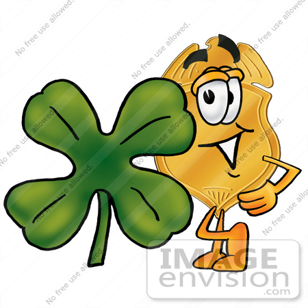 #22488 Clip art Graphic of a Gold Law Enforcement Police Badge Cartoon Character With a Green Four Leaf Clover on St Paddy’s or St Patricks Day by toons4biz