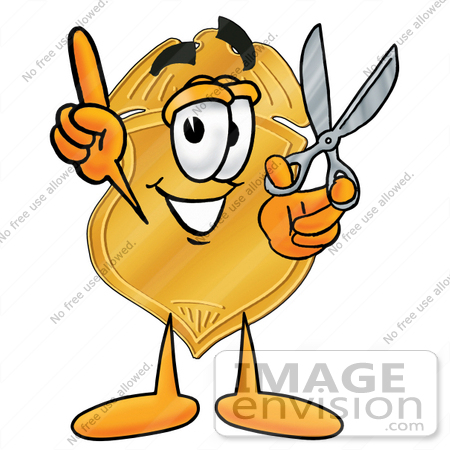 #22492 Clip art Graphic of a Gold Law Enforcement Police Badge Cartoon Character Holding a Pair of Scissors by toons4biz