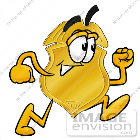 #22500 Clip art Graphic of a Gold Law Enforcement Police Badge Cartoon Character Running by toons4biz