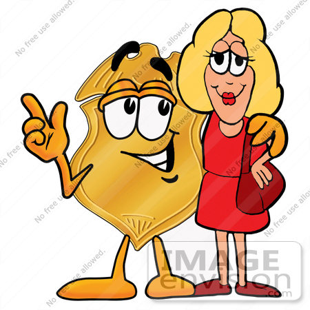 #22504 Clip art Graphic of a Gold Law Enforcement Police Badge Cartoon Character Talking to a Pretty Blond Woman by toons4biz