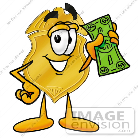 #22507 Clip art Graphic of a Gold Law Enforcement Police Badge Cartoon Character Holding a Dollar Bill by toons4biz