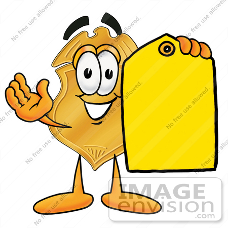 #22508 Clip art Graphic of a Gold Law Enforcement Police Badge Cartoon Character Holding a Yellow Sales Price Tag by toons4biz