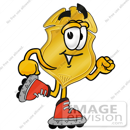 #22519 Clip art Graphic of a Gold Law Enforcement Police Badge Cartoon Character Roller Blading on Inline Skates by toons4biz