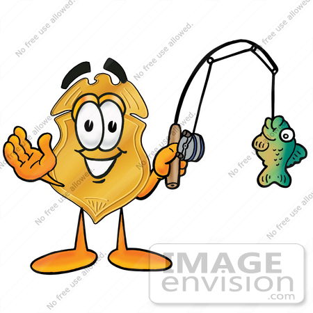 #22521 Clip art Graphic of a Gold Law Enforcement Police Badge Cartoon Character Holding a Fish on a Fishing Pole by toons4biz