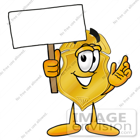 #22522 Clip art Graphic of a Gold Law Enforcement Police Badge Cartoon Character Holding a Blank Sign by toons4biz