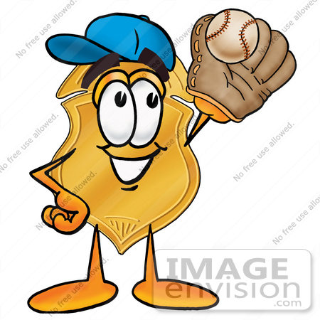 #22524 Clip art Graphic of a Gold Law Enforcement Police Badge Cartoon Character Catching a Baseball With a Glove by toons4biz