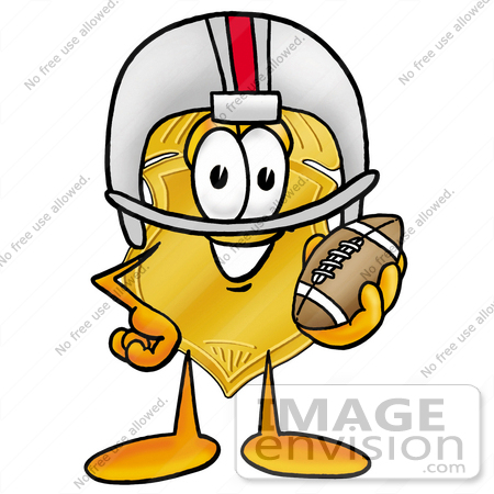#22530 Clip art Graphic of a Gold Law Enforcement Police Badge Cartoon Character in a Helmet, Holding a Football by toons4biz