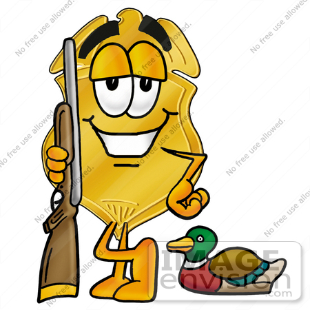 #22534 Clip art Graphic of a Gold Law Enforcement Police Badge Cartoon Character Duck Hunting, Standing With a Rifle and Duck by toons4biz
