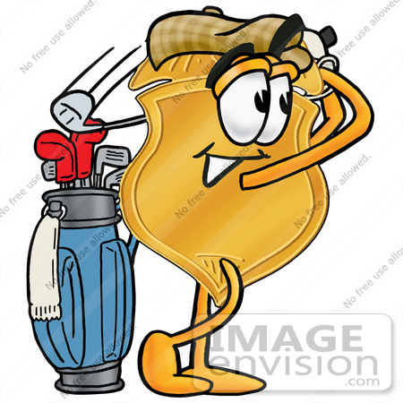 #22542 Clip art Graphic of a Gold Law Enforcement Police Badge Cartoon Character Swinging His Golf Club While Golfing by toons4biz