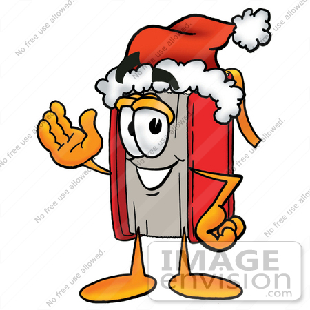 #22548 Clip Art Graphic of a Book Cartoon Character Wearing a Santa Hat and Waving by toons4biz