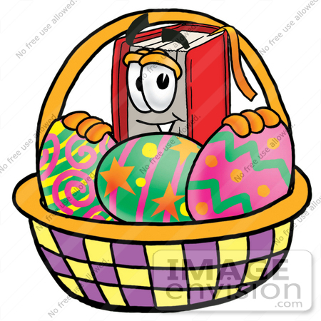 #22549 Clip Art Graphic of a Book Cartoon Character in an Easter Basket Full of Decorated Easter Eggs by toons4biz