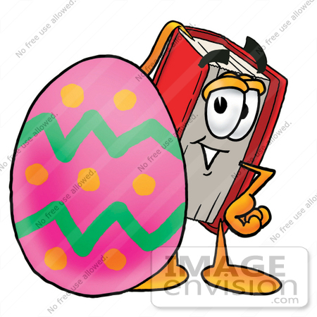 #22553 Clip Art Graphic of a Book Cartoon Character Standing Beside an Easter Egg by toons4biz