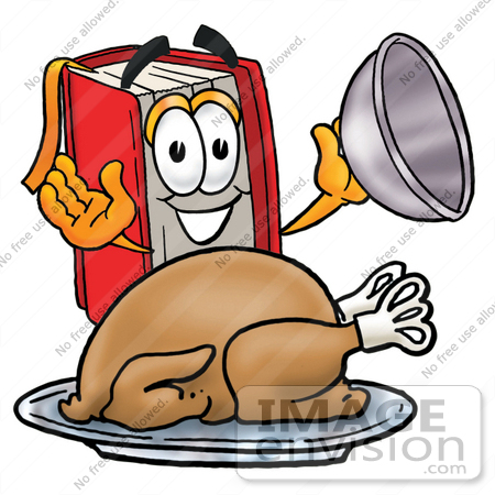 #22555 Clip Art Graphic of a Book Cartoon Character Serving a Thanksgiving Turkey on a Platter by toons4biz