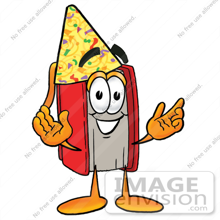 #22557 Clip Art Graphic of a Book Cartoon Character Wearing a Birthday Party Hat by toons4biz