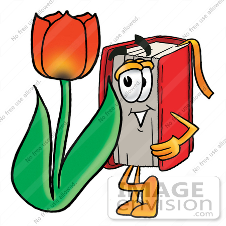 #22560 Clip Art Graphic of a Book Cartoon Character With a Red Tulip Flower in the Spring by toons4biz