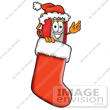 #22564 Clip Art Graphic of a Book Cartoon Character Wearing a Santa Hat Inside a Red Christmas Stocking by toons4biz