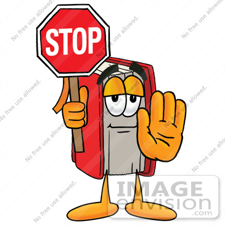 #22572 Clip Art Graphic of a Book Cartoon Character Holding a Stop Sign by toons4biz