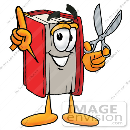 #22573 Clip Art Graphic of a Book Cartoon Character Holding a Pair of Scissors by toons4biz