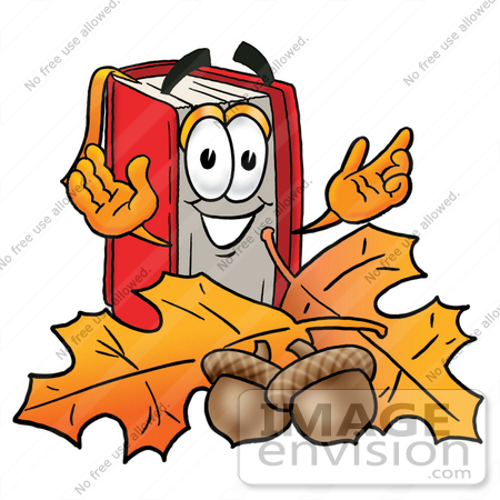 #22574 Clip Art Graphic of a Book Cartoon Character With Autumn Leaves and Acorns in the Fall by toons4biz