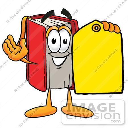 #22577 Clip Art Graphic of a Book Cartoon Character Holding a Yellow Sales Price Tag by toons4biz