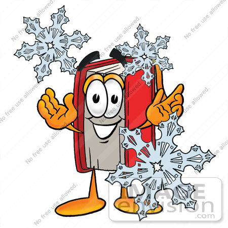 #22580 Clip Art Graphic of a Book Cartoon Character With Three Snowflakes in Winter by toons4biz