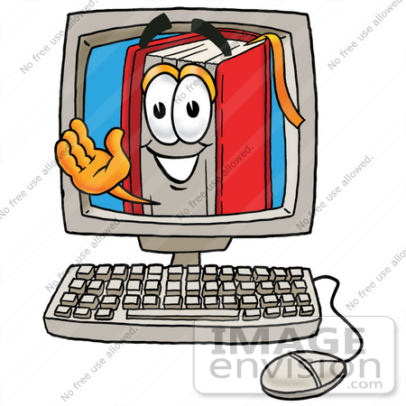 #22581 Clip Art Graphic of a Book Cartoon Character Waving From Inside a Computer Screen by toons4biz