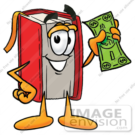 #22583 Clip Art Graphic of a Book Cartoon Character Holding a Dollar Bill by toons4biz