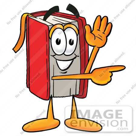 #22586 Clip Art Graphic of a Book Cartoon Character Waving and Pointing by toons4biz