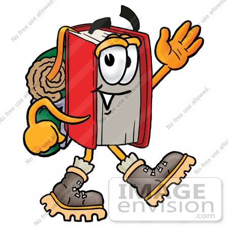 #22590 Clip Art Graphic of a Book Cartoon Character Hiking and Carrying a Backpack by toons4biz