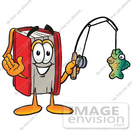 #22604 Clip Art Graphic of a Book Cartoon Character Holding a Fish on a Fishing Pole by toons4biz