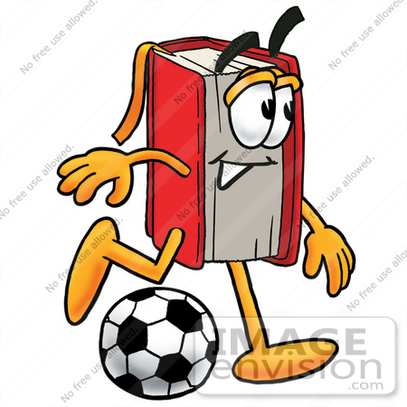 #22607 Clip Art Graphic of a Book Cartoon Character Kicking a Soccer Ball by toons4biz