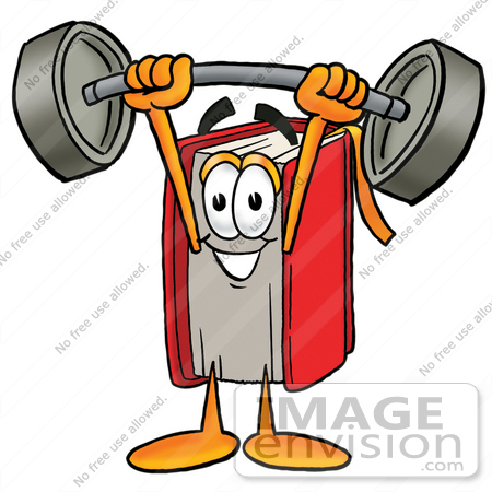 #22614 Clip Art Graphic of a Book Cartoon Character Holding a Heavy Barbell Above His Head by toons4biz