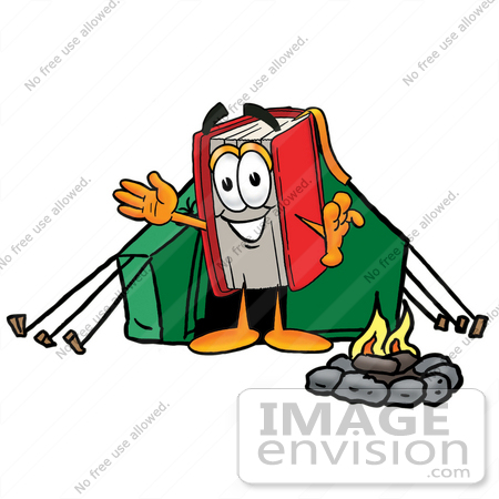 #22615 Clip Art Graphic of a Book Cartoon Character Camping With a Tent and Fire by toons4biz