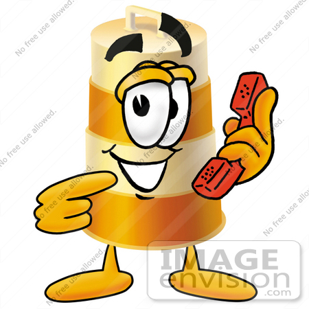 #22616 Clip art Graphic of a Construction Road Safety Barrel Cartoon Character Holding a Telephone by toons4biz