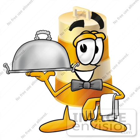 #22618 Clip art Graphic of a Construction Road Safety Barrel Cartoon Character Dressed as a Waiter and Holding a Serving Platter by toons4biz