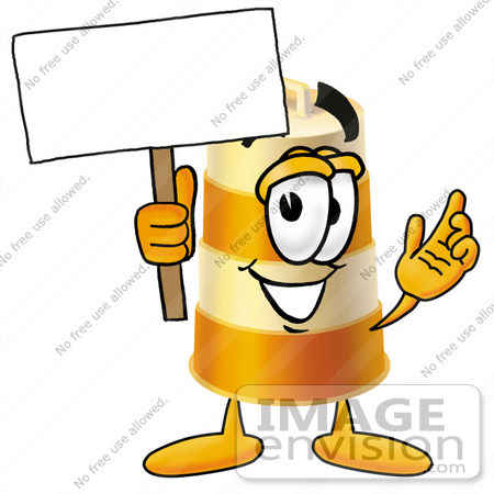 #22620 Clip art Graphic of a Construction Road Safety Barrel Cartoon Character Holding a Blank Sign by toons4biz