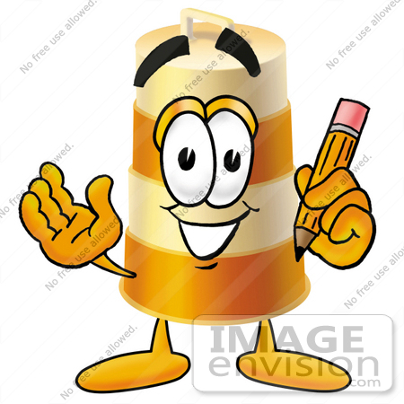 #22622 Clip art Graphic of a Construction Road Safety Barrel Cartoon Character Holding a Pencil by toons4biz