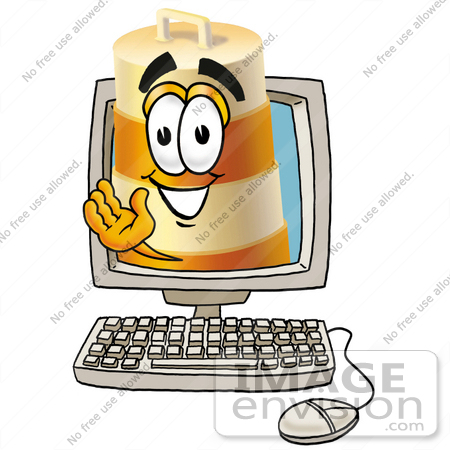 #22624 Clip art Graphic of a Construction Road Safety Barrel Cartoon Character Waving From Inside a Computer Screen by toons4biz