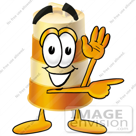 #22628 Clip art Graphic of a Construction Road Safety Barrel Cartoon Character Waving and Pointing by toons4biz
