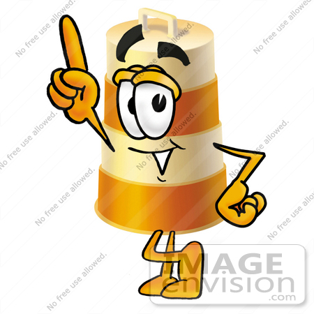 #22642 Clip art Graphic of a Construction Road Safety Barrel Cartoon Character Pointing Upwards by toons4biz