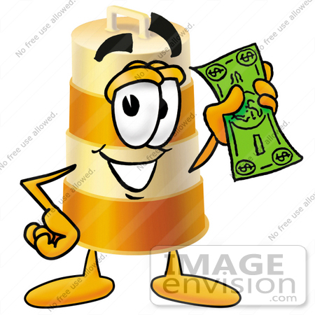 #22643 Clip art Graphic of a Construction Road Safety Barrel Cartoon Character Holding a Dollar Bill by toons4biz
