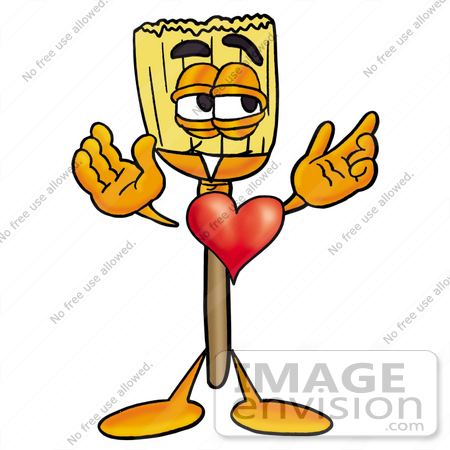 #22646 Clip Art Graphic of a Straw Broom Cartoon Character With His Heart Beating Out of His Chest by toons4biz