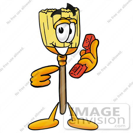 #22657 Clip Art Graphic of a Straw Broom Cartoon Character Holding a Telephone by toons4biz