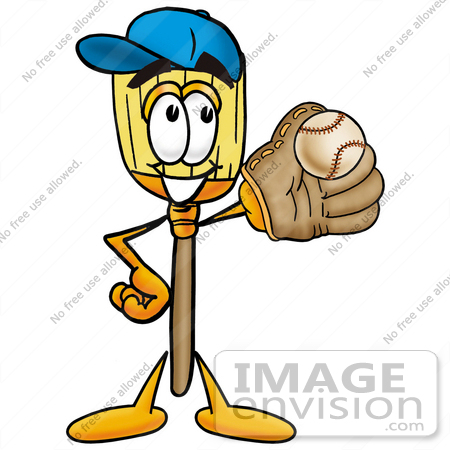 #22662 Clip Art Graphic of a Straw Broom Cartoon Character Catching a Baseball With a Glove by toons4biz