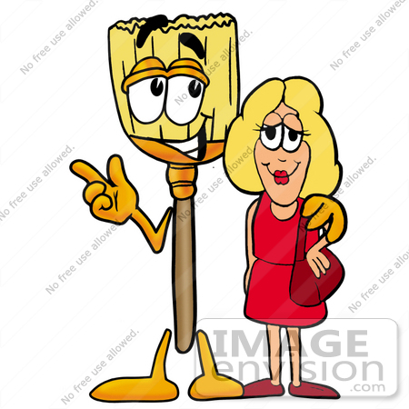 #22666 Clip Art Graphic of a Straw Broom Cartoon Character Talking to a Pretty Blond Woman by toons4biz
