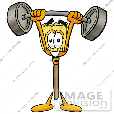 #22668 Clip Art Graphic of a Straw Broom Cartoon Character Holding a Heavy Barbell Above His Head by toons4biz