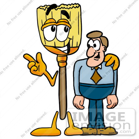 #22669 Clip Art Graphic of a Straw Broom Cartoon Character Talking to a Business Man by toons4biz