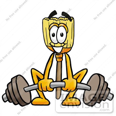 #22688 Clip Art Graphic of a Straw Broom Cartoon Character Lifting a Heavy Barbell by toons4biz