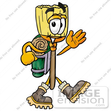 #22691 Clip Art Graphic of a Straw Broom Cartoon Character Hiking and Carrying a Backpack by toons4biz